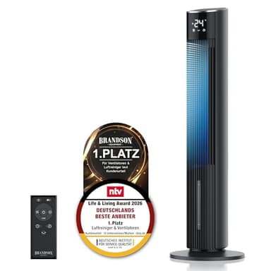 Brandson - Turmventilator mit Wasserkühlung ECO GREEN - sehr leise - Wifi Smart Home/Alexa Sprachsteuerung - Sieger Ventilatoren und Luftkühler 2026 – Klimaanlage mobil - Standventilator – Oszillation