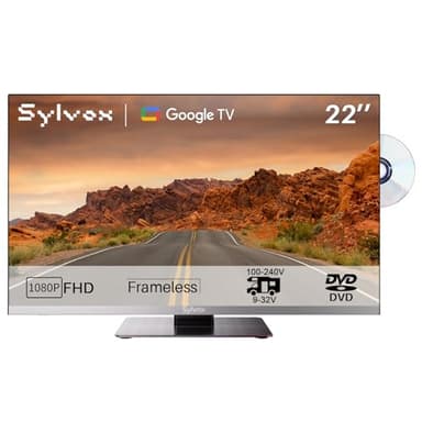 SYLVOX 22 Zoll 12V Fernseher für Wohnmobil, Smart Google TV mit DVD Player, 1080P FHD, Rahmenlos, inkl. Adapter, DVB/T2/S2, Bluetooth WiFi & RJ45 – Ideal für Camping, Reisen, KFZ und LKW