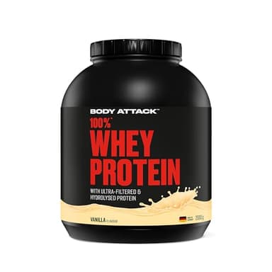 Body Attack 100% Whey Protein Vanilla, 2 kg - Made in Germany - extra cremiges Eiweißpulver mit Hydrolysat und BCAA´s, unterstützt Muskelaufbau und Diäten, für alle Sportler & Athleten