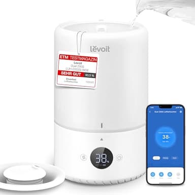 Levoit Smart Luftbefeuchter Schlafzimmer, 19dB leise, Top-Fill Humidifier für Baby, Luftfeuchtigkeit Sensor, Raumbefeuchter mit 360°Drehdüse für Kinderzimmer, Pflanzen, 3 L, Cremeweiß