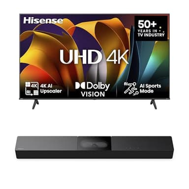 Hisense Bundle 58E6NT 146cm (58 Zoll) Fernseher, 4K UHD Smart TV, HDR, Dolby Vision, 60Hz [2024] HS2000 2.1 Kanal Soundbar, integrierter Subwoofer, 240W, Dolby Audio, Bluetooth, HDMI ARC