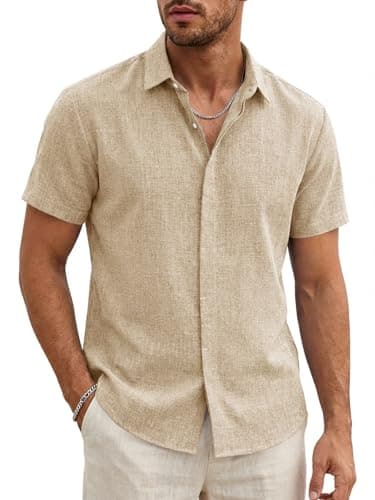 Runcati Herren Hemd Kurzarm Leicht Sommerhemd Männer Regular Fit Leinenhemd Hochzeit Business Strand Freizeithemd Casual Einfarbig Basic Shirt Beige L
