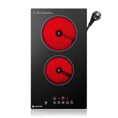 AMZCHEF Glaskeramikkochfeld 2 Platten, 3200W Kochfeld 2 Platten mit 9 Leistungsstufen, 2-in-1 Freistehend-/Einbau-Design, Touch-Steuerung, Mattierte Glasoberfläche, Kompatibel mit Allen Kochgeschirren