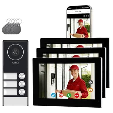 Honmidatek Video Türsprechanlage für 3 Familienhaus, 2-Draht,3X 7 Zoll Monitor & App - Smarte Video Türklingel mit Kamera & Gegensprechanlage, RFID, 2-Wege-Audio KW08-IP7-3F