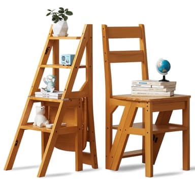 FGNIXLN Stufenleiter,Trittleiter 4 Stufen Klapp 2-in-1 Leiter und Stuhl Tritthocker Klappbar Holztrittleiter Haushaltstritt Stehleiter Bis 180 kg Belastbar Geeignet für Küche Zuhause Bibliotheken