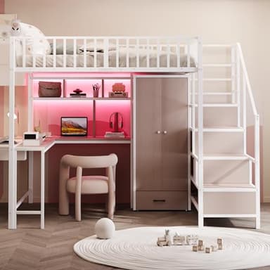 Merax Metall Hochbett 140x200 cm, mit Schreibtisch, Regal, Kleiderschrank und Schubladen, Hochbett mit LED Beleuchtung, Steckdose, USB Typ C, weiß (ohne Matratze)