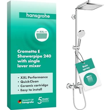 hansgrohe Crometta E - Duschsystem mit Einhebelmischer, Regendusche (240 x 240 mm) mit Armatur, Handbrause (2 Strahlarten), Schlauch, Brausestange und eckiger Kopfbrause (1 Strahlart), Chrom, 27284000