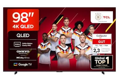 TCL 98T8C 98 Zoll QLED 4K HDR Ultra HD Fernseher, Smart TV mithilfe von Google TV (Dolby Vision Atmos, 144Hz Motion Clarity Pro, Game Bar, ALLM, FreeSync, Onkyo 2.1 Sound,Sprachsteuerung)