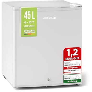 Stillstern Mini Kühlschrank E 45L mit Abtauautomatik, Schloss, Frostfach, Leise, Ideal für Küche, Büro, Schlafzimmer, Hotels und kleine Wohnungen Kühlschrank klein Minibar Getränkekühlschrank Weiß