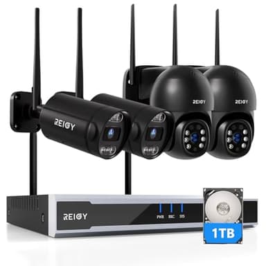 REIGY 8MP WLAN Überwachungskamera Aussen Set Vorinstallierte 1TB Festplatte, Funk 16CH NVR Überwachungssystem mit 2xPT+2xBullet Kamera, Outdoor Camera Kit, mit Zwei-Wege-Audio Bewegungserkennung
