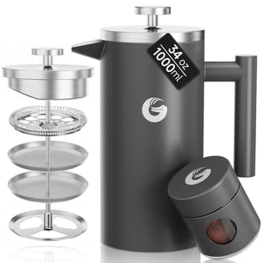 Coffee Gator French Press Kaffeemaschine 1 Liter plus Travel Jar Kanister, Doppelwandig Isoliert Edelstahl Kaffeebereiter, Tragbare Heiße Kalte Brühe Teekanne für Haus Büro Küche Camping Outdoor