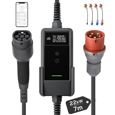 dé Mobile Wallbox/Ladestation 22kW App [3-phasig|7m|6-32A] mit Komplett-Set, Ladekabel CEE 32A auf Typ 2 und EV Ladegerät für Model Y/3, ID.3/4/5, MG4, EX30, e-up, e-tron und andere EV/PHEV