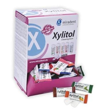 miradent Xylitol Kaugummi Schüttbox | 200x zuckerfreies Xylitol Kaugummi | Zahnpflegekaugummi für Kinder & Erwachsene |vegan | kariespräventiv