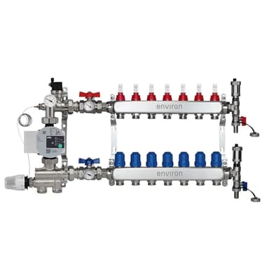 ENVIRON- Heizkreisverteiler [2-12 Heizkreise] mit Festwertregelset, Kugelhahn Set und Schnellentlüfter Set | Hocheffizienzpumpe (Wilo Para 25/6, 7 Heizkreise)
