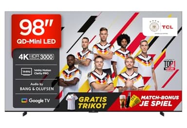 TCL 98Q7C QLED Mini LED Fernseher, 98 Zoll, 4K HDR Premium, Dolby Vision IQ & Atmos, Smart TV mit Google TV, 6.2.2 Sound, 144Hz VRR, AMD FreeSync Premium Pro, HDMI 2.1, AirPlay 2