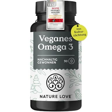 NATURE LOVE® Omega 3 vegan - hochdosiert mit 1.444 mg Algenöl pro Tagesdosis - 90 Kapseln - nachhaltig, laborgeprüft, produziert in Deutschland