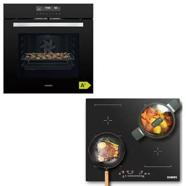 Herdset | 60cm Einbaubackofen | Air Fry Funktion | 59cm Induktionskochfeld | Grill | EEK A+ | AQUA CLEAN | 14 x Funktionen (59cm Kratzfestes Induktionskochfeld mit 2 Flexzonen/Schwarz-Silber)