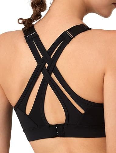 Yvette Sport BH Starker Halt Verstellbar Träger Gekreuzt Rücken Große Größen für Fitness Lauf Yoga, Schwarz, L