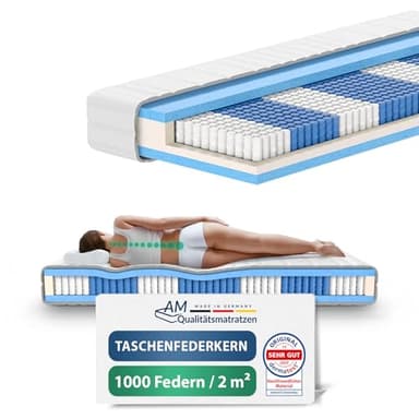 AM Qualitätsmatratzen Deluxe Taschenfederkernmatratze 90x200cm H4 24cm - Made in Germany & Oeko TEX Siegel - Federkernmatratze 90x200 mit 1000 Federn & Lyocell Bezug - 7 Zonen Matratze 90x200 H4
