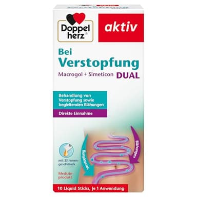 Doppelherz Bei Verstopfung Macrogol + Simeticon DUAL - Zur symptomatischen Behandlung von Verstopfung & begleitenden Blähungen - 10 Liquid Sticks mit Zitronengeschmack