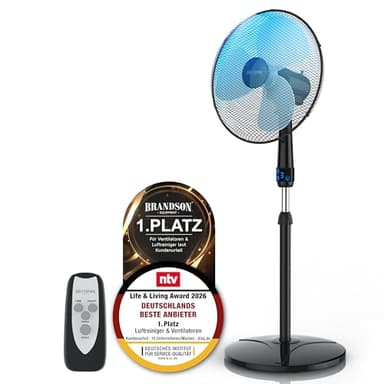 Brandson - Standventilator mit Fernbedienung 50 W - Preisträger 2025 - Standlüfter leise – Ventilator höhenverstellbar - um 40° verstellbar - 3 Geschwindigkeitsstufen - Oszillation ca. 90° - schwarz