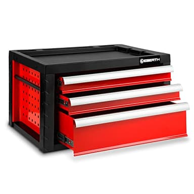 EBERTH Werkzeugkiste Leer, Werkzeugschrank Metall mit 3 Schubladen, kugelgelagerte Teleskopschienen, Vollauszug, Werkzeugbox abschließbar mit 2 Schlüsseln, Werkzeugkasten rot Pulverbeschichtet
