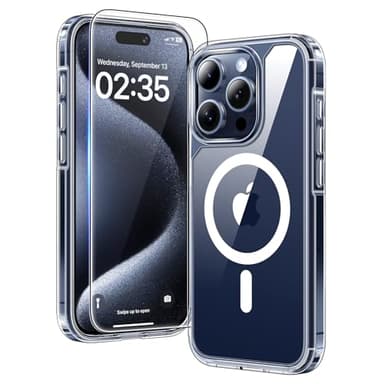 TAURI für iPhone 15 Pro Max Hülle 6,7" mit Panzer Schutz Glas Folie, Kompatibel mit MagSafe, Schutz nach Militärstandard, [Anti-Vergilbung] Stoßfest Magnetisch Handyhülle - Durchsichtig