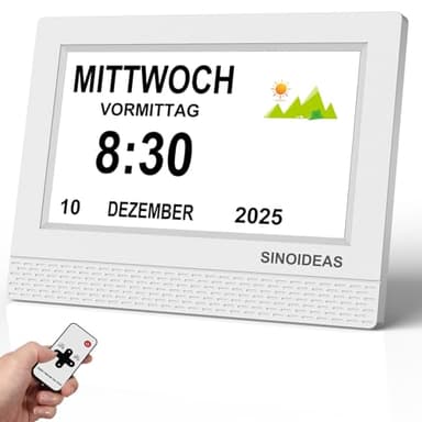 SINOIDEAS 7 Zoll Digitaler Wecker, Demenzuhr für Senioren | Digitaler Kalender mit 22 Benutzerdefinierten Erinnerungen, 17 Themen & Auto DST(Weiß)