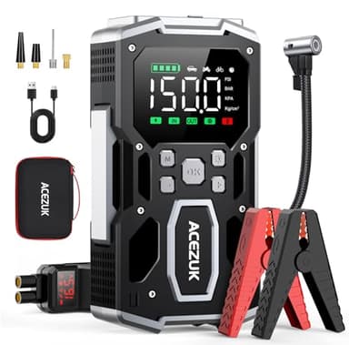 ACEZUK Autobatterie-Starthilfe, 8000A & 150PSI Auto-Notstarter mit tragbarem Luftkompressor (für alle Benziner oder 10,0L Diesel) 12V Jump Start, 2 Lichter/ 3,4" LCD-Display