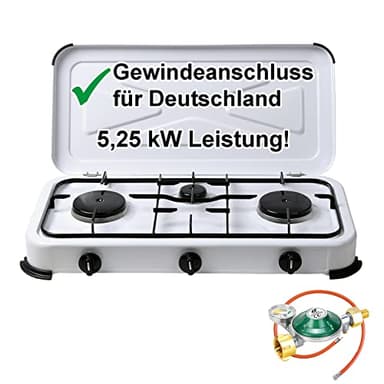 Bluecraft Campingkocher 3 flammig Gaskocher mit 5,25 kW Leistung für Gasflaschen Doppelkocher Gasherd mit Zubehör Manometer Gasregler 50 mbar Gasschlauch für Camping Outdoor Freizeit