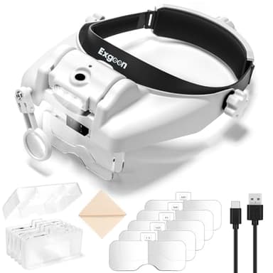 Exgoon Lupe mit Licht, 1- bis 14-fache Vergrößerung, Lupenbrille mit 6 abnehmbaren Linsen, freihändige wiederaufladbare Stirnbandlupe zum Modellbau, Juweliere, Basteln, Detailarbeit (Schwarz)