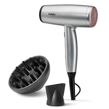 BaByliss Cosmos Leichter Haartrockner mit Diffusor – NEU 2025, 2100W Leistungsstarker, Eleganter Föhn, Ionen-Technologie gegen Frizz, 3 Heiz- & 2 Gebläsestufen, Silber, D580DE