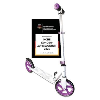 Muuwmi Aluminium Scooter - 200 mm Räder - ABEC 5 Lager - Höhenverstellbarer Lenker - Geeignet für Kinder und Erwachsene - GS-Zertifiziert - Bis zu 100 kg - Tretroller in weiß-lila