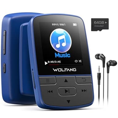 WOLFANG 64 GB MP3-Player mit Bluetooth 5.2, Sportclip, Mini-Größe, Gewicht 28,3 g, HiFi FM-Radio, Diktiergerät, Kopfhörer im Lieferumfang enthalten