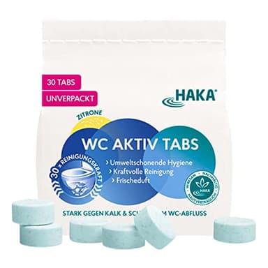 HAKA WC-Tabs, 30 Stück, extra starke Toilettenreinigertabs gegen Kalk & Urinstein, für gründliche WC-Reinigung, umweltfreundlich, unverpackt, frischer Zitronenduft