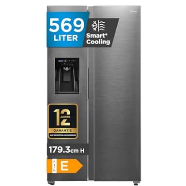 Midea Side-by-Side Kühl-Gefrierkombination 569 L | Eiswürfel- & Wasserspender, WiFi-Steuerung | No Frost, Multi-Air-Flow, Platinum Fresh | 178,6 cm, MDRS761MIE46