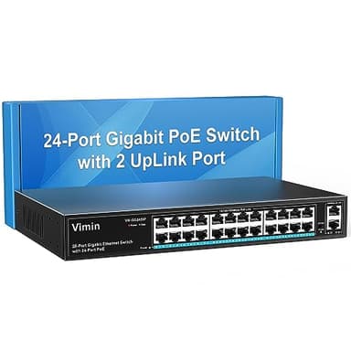VIMIN 24-Port Gigabit PoE Switch mit 2 Uplink Gigabit Ports, 26-Port Unmanaged Ethernet PoE Switch mit 320W Leistung, Unterstützung von IEEE802.3af/at, VLAN, Wand- oder Rackmontage, Plug & Play