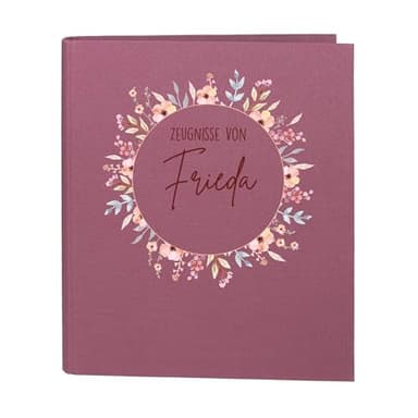 Striefchen® Zeugnismappe personalisiert mit Name – Leinenstoff – 5 Farben zur Auswahl – Blumenkranz-Motiv – DIN A4 – 4-Ring-Ordner für Mädchen – Mappe zur Aufbewahrung von Schulzeugnissen (Rosa)