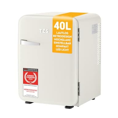 TZS First Austria - Retro Mini Kühlschrank 40L lautlos - Kleiner Minikühlschrank im Vintage-Design mit Innenbeleuchtung & 2 Türfächern - Minibar für Camping, Büro, Schlafzimmer & Hotel - Cremefarben