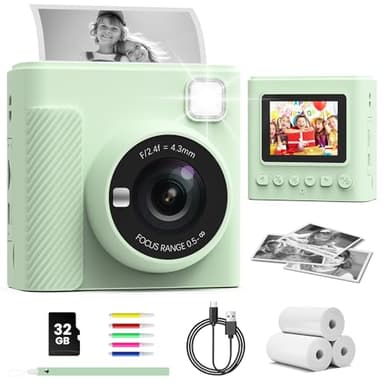 TIATUA Kinderkamera Sofortbildkamera, 2,4 Zoll Sofortbildkamera Kinder mit 32G Karte und Fotopapier Drucken, 1080P HD Digitalkamera Kinder, Geschenke für Jungen und Mädchen 3-12 Jahre (grün)