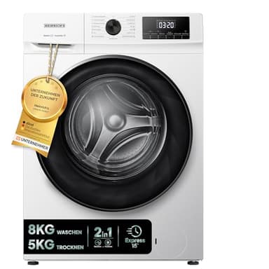 HEINRICHS Waschtrockner, 2in1 Waschtrockner, 8KG Waschen + 5KG Trocknen,1400 U/min, 15 Programme, Express Programm 15 min, Steam-Refresh, AquaStop, Edelstahl-Trommel, mit Kindersicherung, Effizient