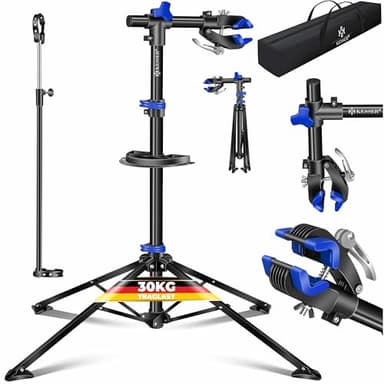 KESSER® Fahrradmontageständer Profi Reparaturständer Fahrradständer + Tasche Fahrradreparaturständer bis 30 kg Fahrrad Montageständer inkl. Werkzeugschale + Magnetfach, drehbar Mountainbike, Blau