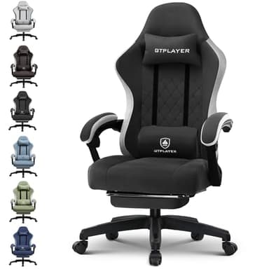 GTPLAYER Gaming Stuhl Ergonomischer Gaming Sessel Schreibtischstuhl mit Stoffoberfläche, Federsitzkissen, Verbindungsarmlehnen und Fußstütze 150KG, hellschwarz