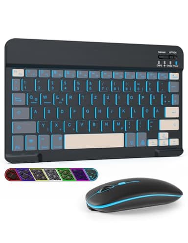LAMA Kabellose Bluetooth Tastatur & Maus, wiederaufladbare Universal Tablet Tastatur, kompatible mit iPad/Tablet/iOS/Android/Windows/Laptop/Computer,Deutsches QWERTZ-Layout, Schwarz&Grau Beleuchtet