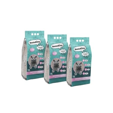BentoKitty Katzenstreu (30L, 3er Pack) mit Babypuder Duft, Klumpend, weiß, feinkörnig, Klumpstreu aus Bentonite, für Sensitive Katzenpfoten geeignet
