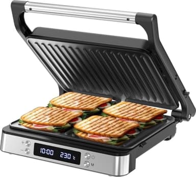 Olvy Sandwichmaker XXL, Digitaler Kontaktgrill mit Antihaftplatten, 3-in-1 Panini Maker, 180° offener Grill, einstellbare Temperatur, Timer, große Kochfläche, Cool-Touch-Griff, PFAS-freie Beschichtung
