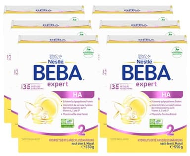 BEBA expert HA 2 - Folgemilch nach dem 6. Monat, Hydrolysierte Anschlussnahrung, Patentierets Produkt, Nur Laktose, Ohne Palmöl, Ohne Fischöl, Babynahrung, Baby-Milchpulver, 6er Pack (6 x 550g)