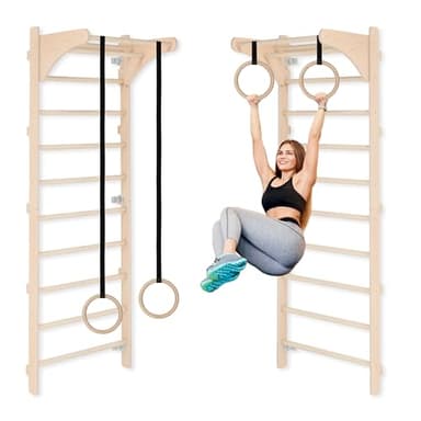 Sprossenwand mit verstellbaren Holzringen, Trainingsgerät für Erwachsene und Kinder, Heim-Fitness, Kraft- und Mobilitätstraining, Naturholz, Wandmontage, Made in EU, 100% ECO