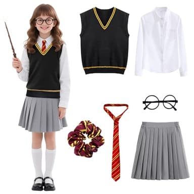 yumcute Zauberer kostüm Kinder 135, 6 Stück Magische kostüm set für Mädchen mit Hemd Rock Weste Krawatte Brille Haarband, Halloween Fasching Karneval Party Cosplay Outfit