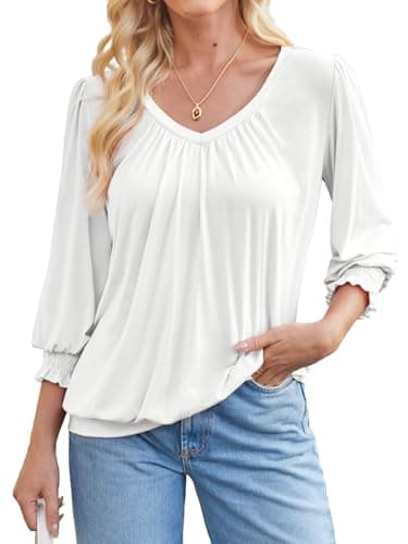 DJT Damen Bluse 3/4 Arm Shirt Tunika V-Ausschnitt Locker Shirt Elegante Lässig Oberteile Herbst Tops Weiß S